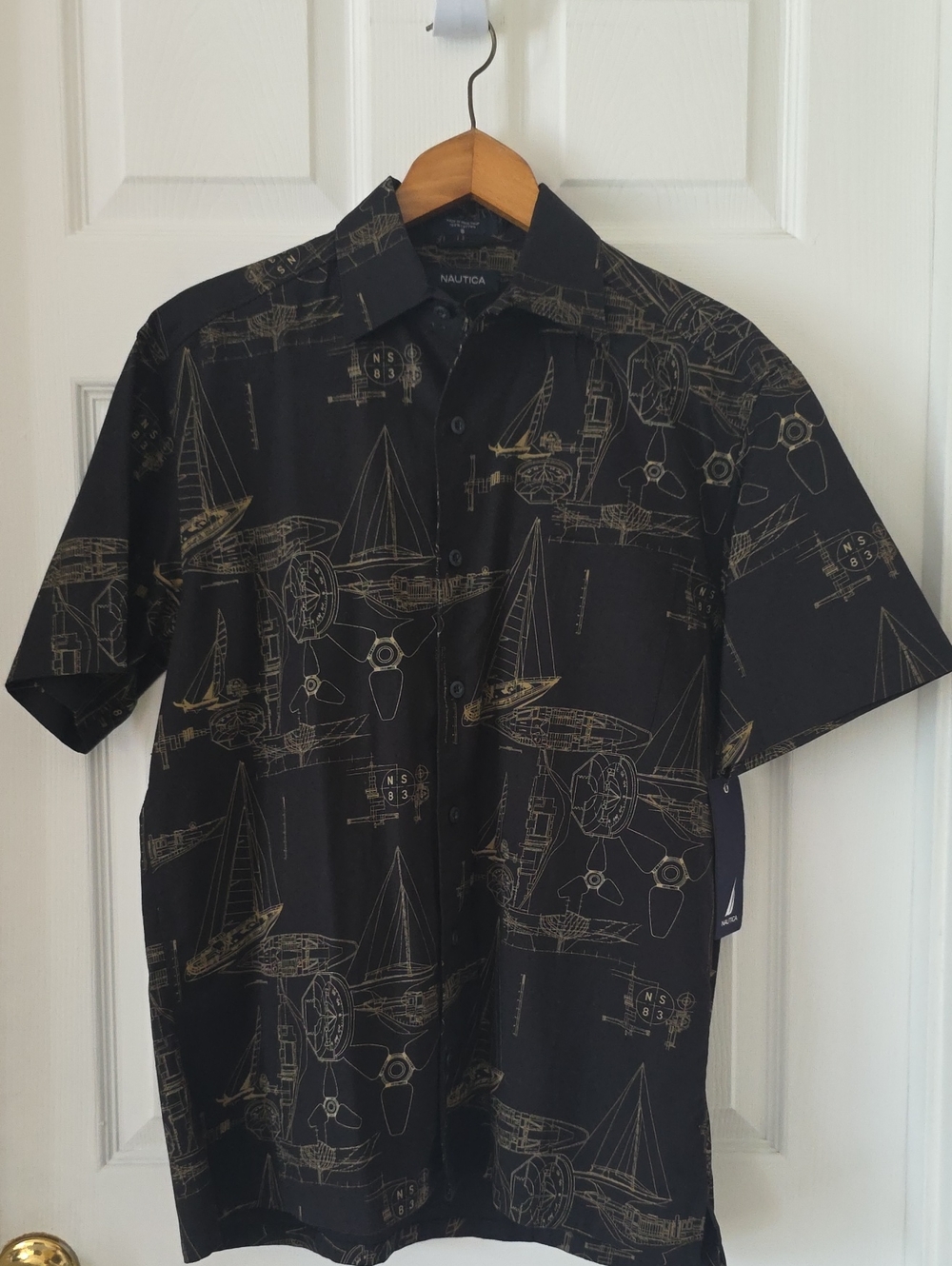 Vintage 90s Nautica Shirt Mens S Black Blueprint Ship Compass Nautical Print New